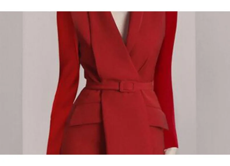 

[DEAT][DEAT]2021 autumn and summer full sleeves spliced high waist red pocket mid calf length suit dress female vestido WP86403L