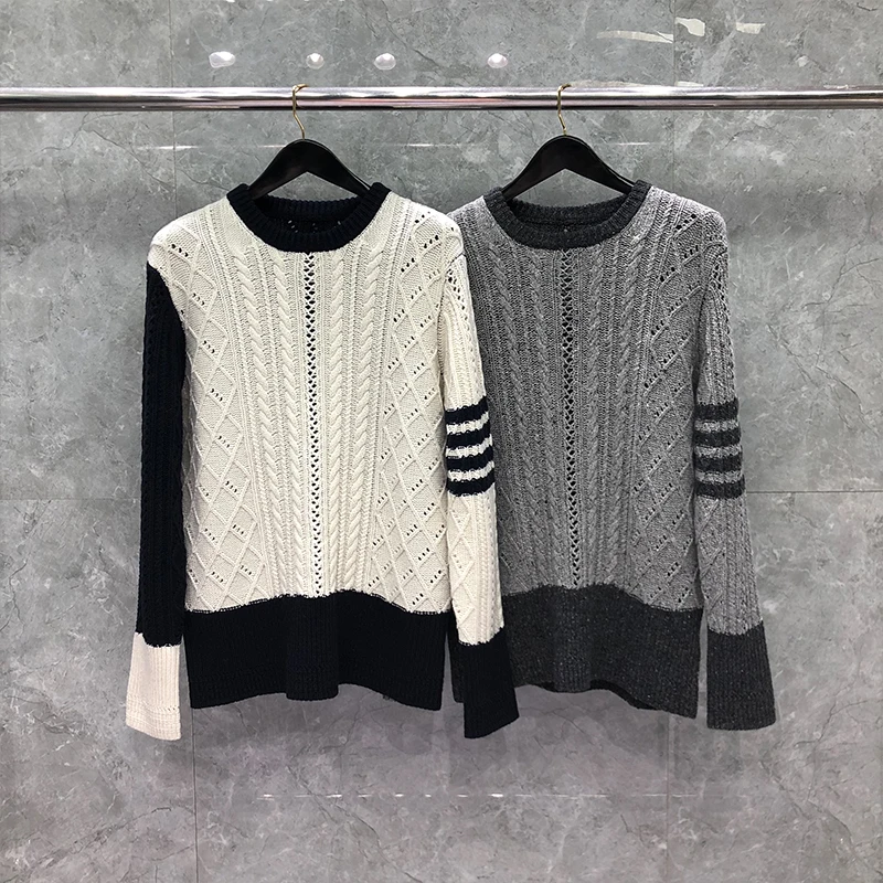 TB THOM Sweater Winter Fashion Brand Sweaters Medium Fun-Mix Wool Mohair Tweed Aran Cable Classic 4-Bar Crewneck Pollover Coats