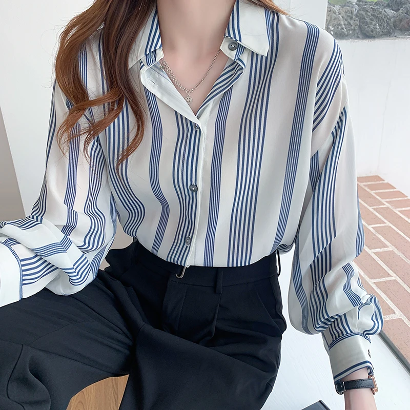

Рубашки QOERLIN в синюю полоску, женская блузка с длинным рукавом, отложным воротником и рукавами-фонариками, женская одежда, рубашка, элегантн...