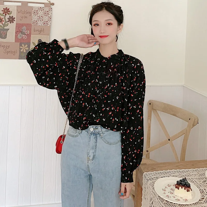

Women Blouses Korean Floral Camisa Top Round Neck Loose Casual Lantern Long Sleeve Chiffon Shirt M-2XL