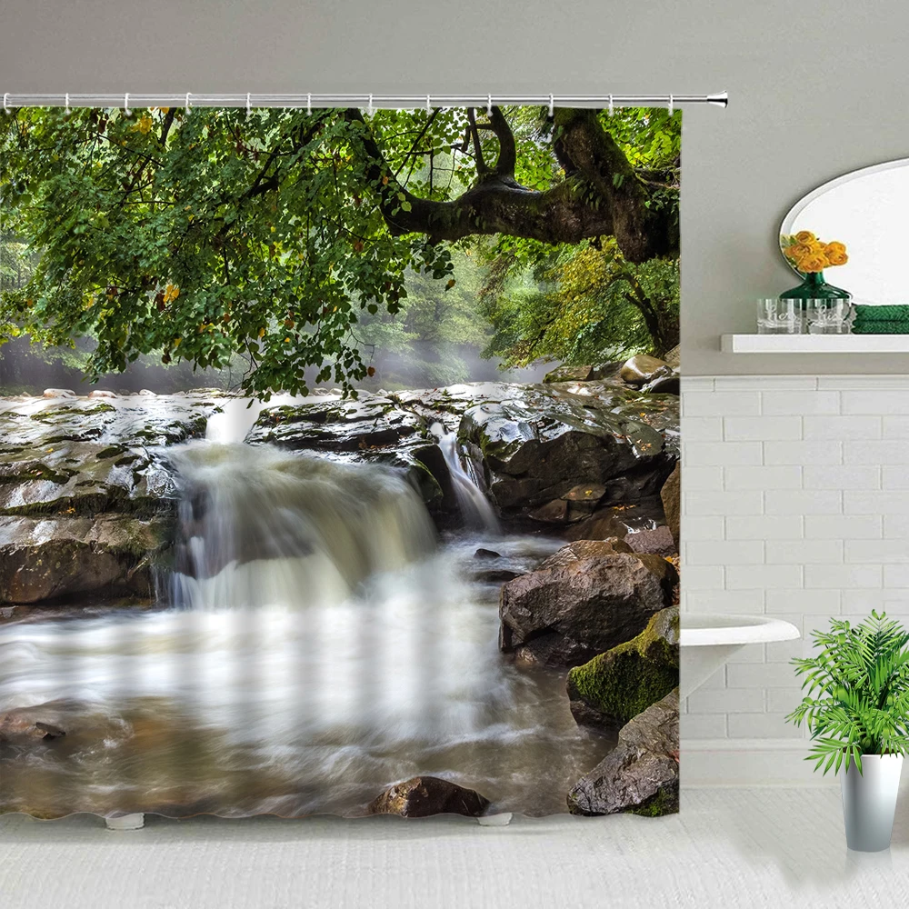 

Green Plant Forest Scenery Shower Curtains Tree Waterfall Landscape Bathroom Decor Waterproof Fabric Bath Curtain Set With Hooks