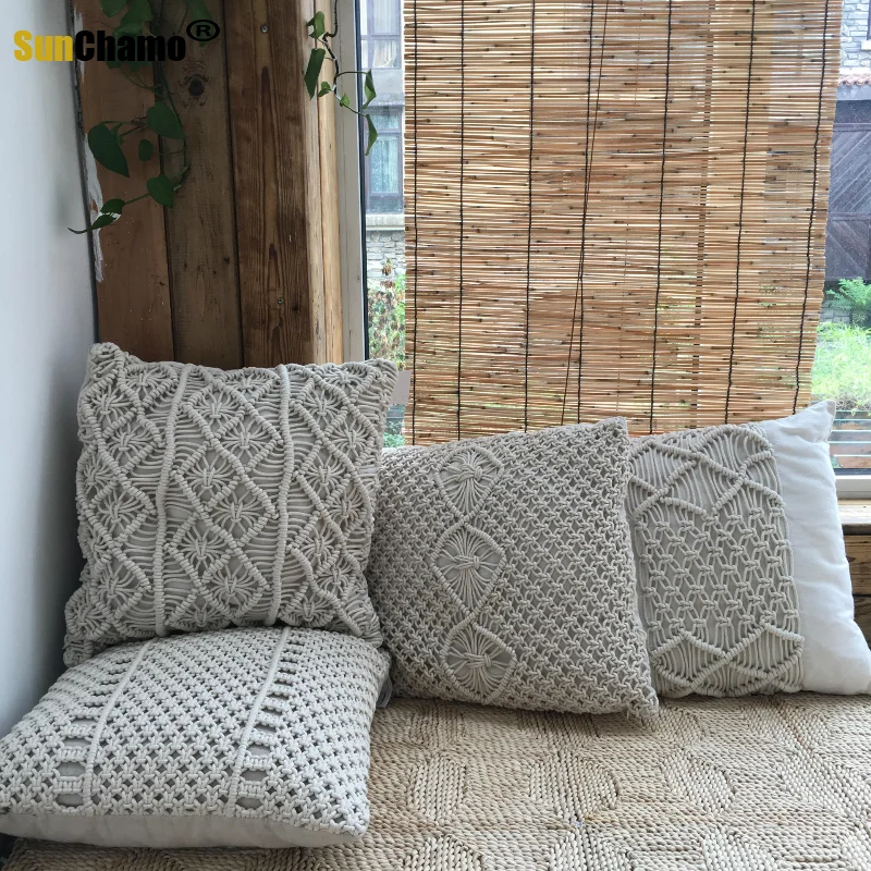 

Beige Macrame Hand-woven Cotton Thread Pillow Cover 45x45cm Geometric Bohemia Home Decoration