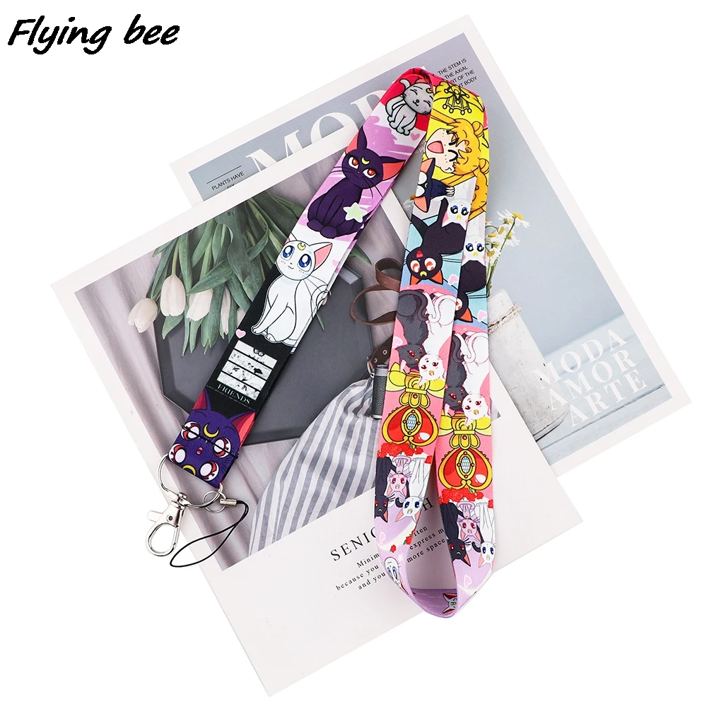 

Flyingbee Cartoon Moon Girl And Cat Anime Lovers Key Chain Lanyard Neck Strap For Phone USB ID Badge Holder DIY Hang Rope X1777
