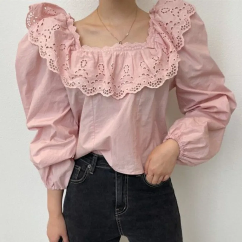 

2021 Sweet Womens Tops Hollow-out Lace Ruffle Square Collar Blouse Shirt Causal Puff Sleeve Spring Summer Blusas