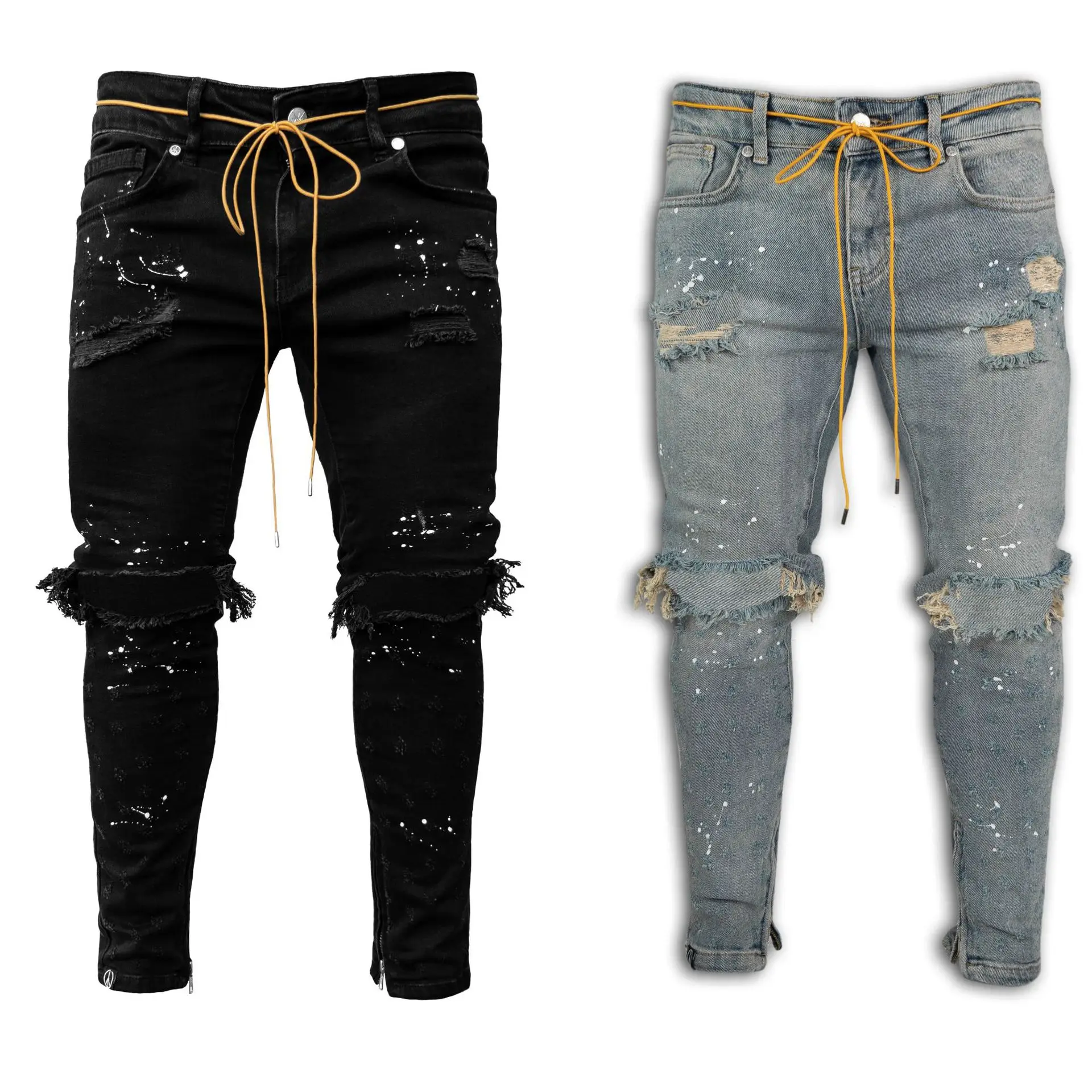 

Ripped Hole Jeans For Men Hip Hop Cargo Pant Distressed Light Blue Denim Jeans Skinny Men Full Length Autumn Trousers