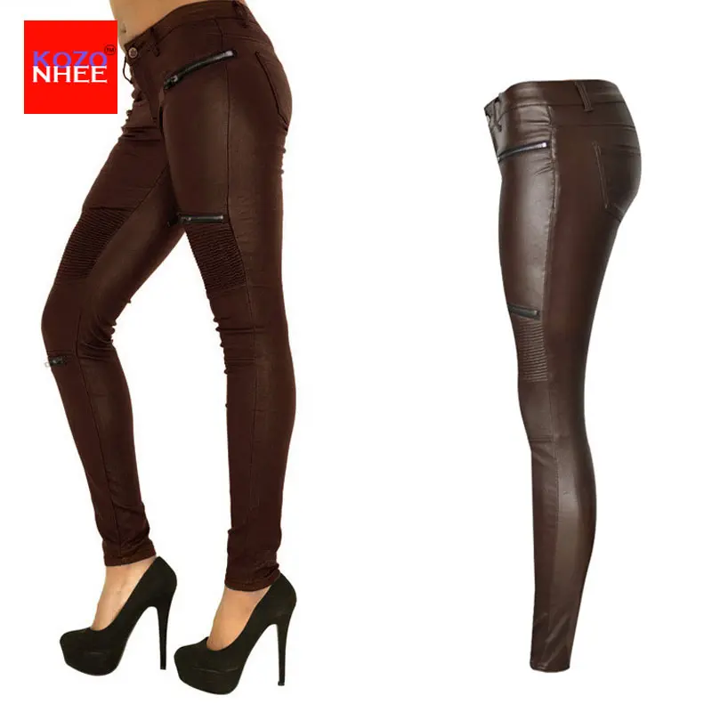 Женские штаны из искусственной кожи Стрейчевые коричневые женские эластичные