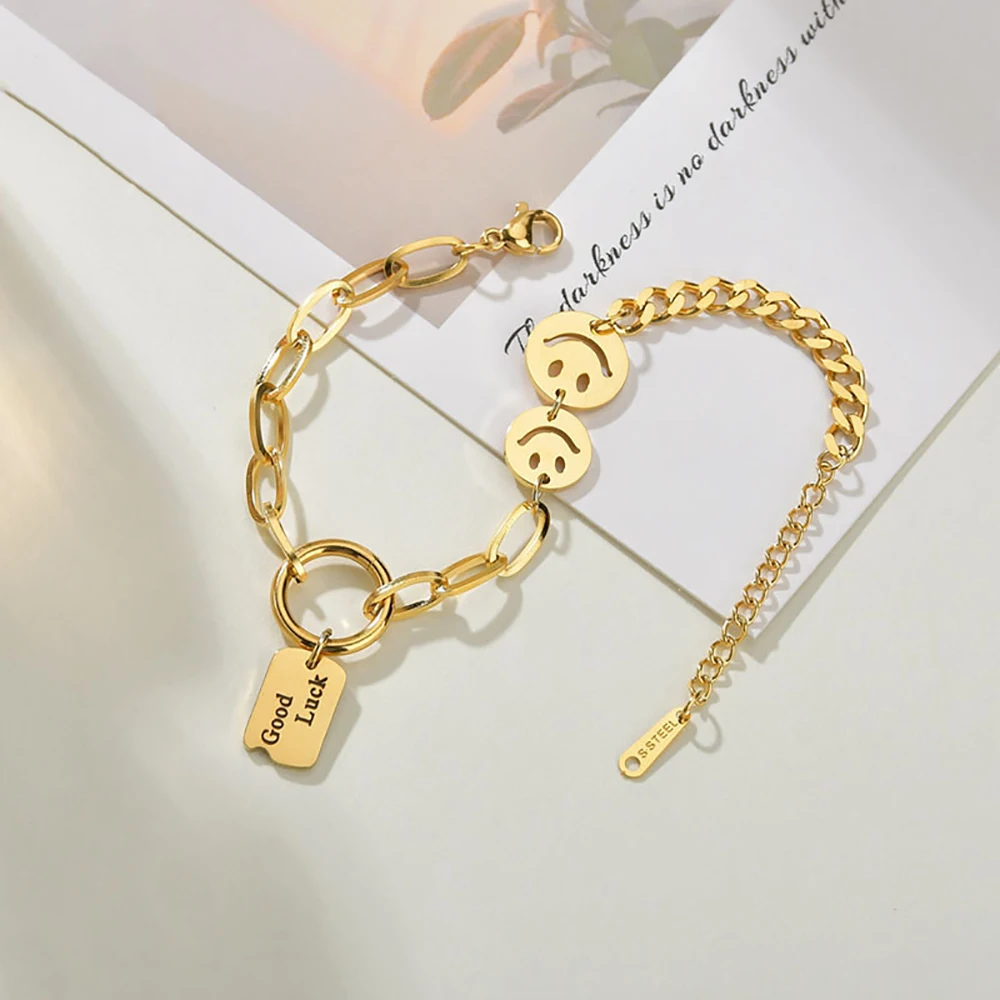 

Ghidbk New Titanium Steel Golden Silver Color Good Luck Smiley Face Chain Adjustable Bracelet For Women Girls Cute Jewelry Gifts