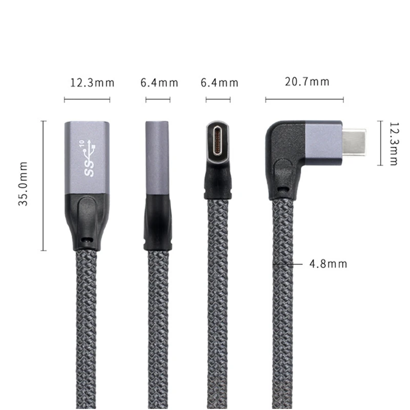 Кабель-удлинитель USB3.1 Gen 2/USB-C 1 м поддержка быстрой зарядки 100 Вт 5A угловой разъем