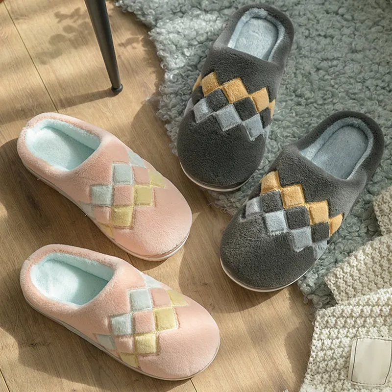 

Warm Women Slippers Female Geometric Mixed Color Flock Home Cotton Shoes Lady Non-Slip Comfortable Indoor Flats Women's Footwear