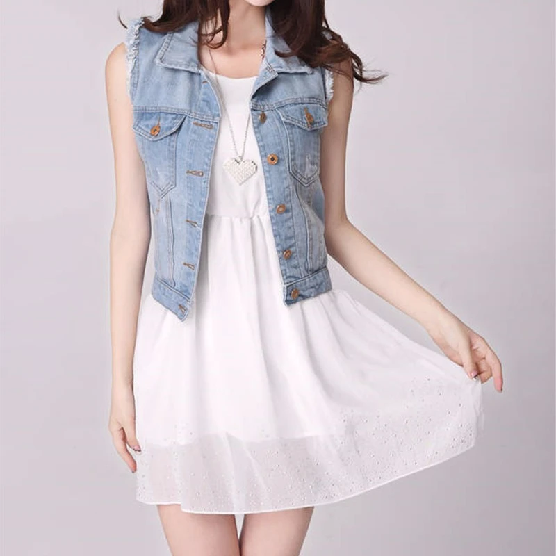 Женская джинсовая куртка без рукавов повседневный винтажный кардиган с отложным