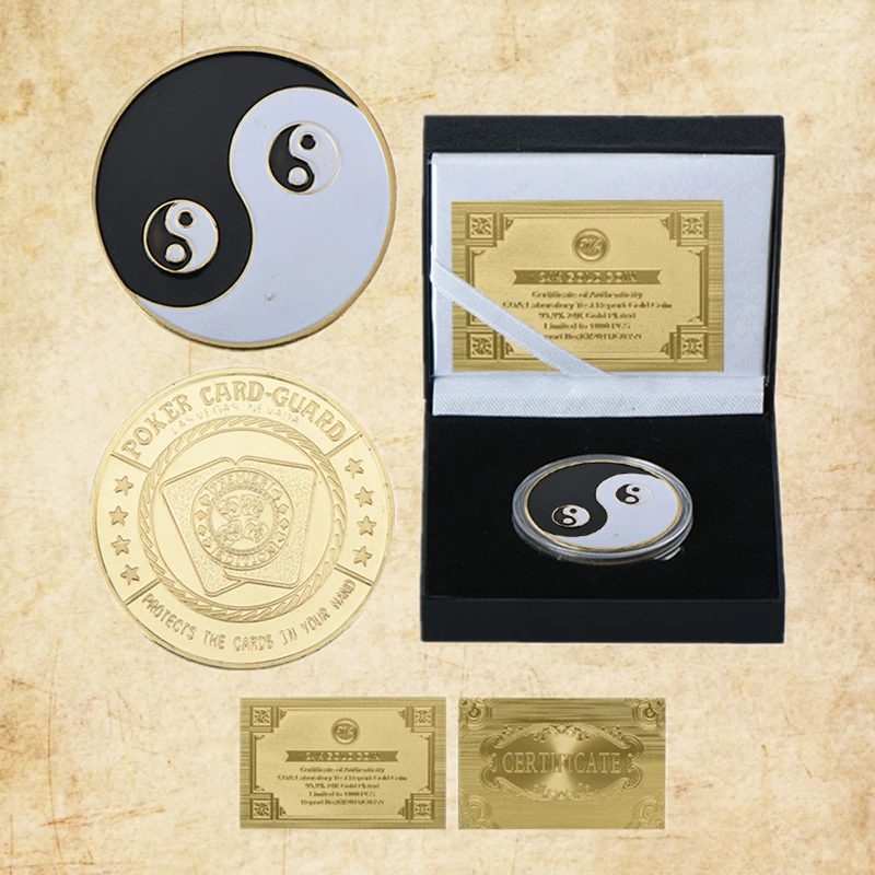 

Hot Chinese Tai Chi Black White Taoism Casino Poker Card Guard Challenge Coin with Gift Box Collectible Decor Gold Plated Coin