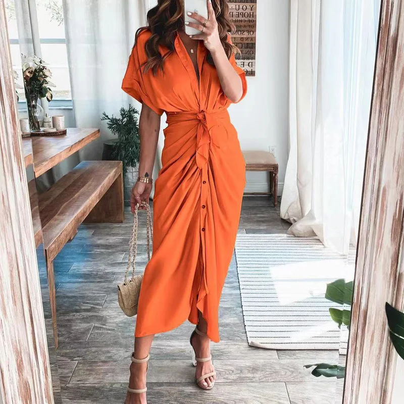 

Elegant Turn-down Collar Draped Party Dresses Button Shirt Dress with Wrap Belt Women Summer Short Sleeve Long Dress
