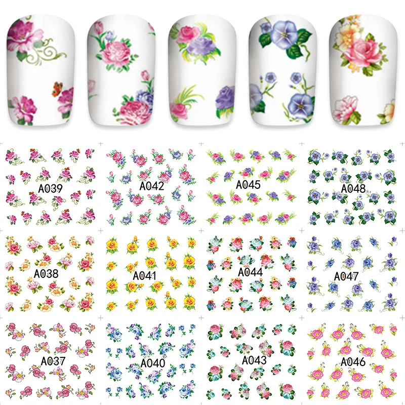 12 видов конструкций красочные наклейки для ногтей набор смешанных цветочных