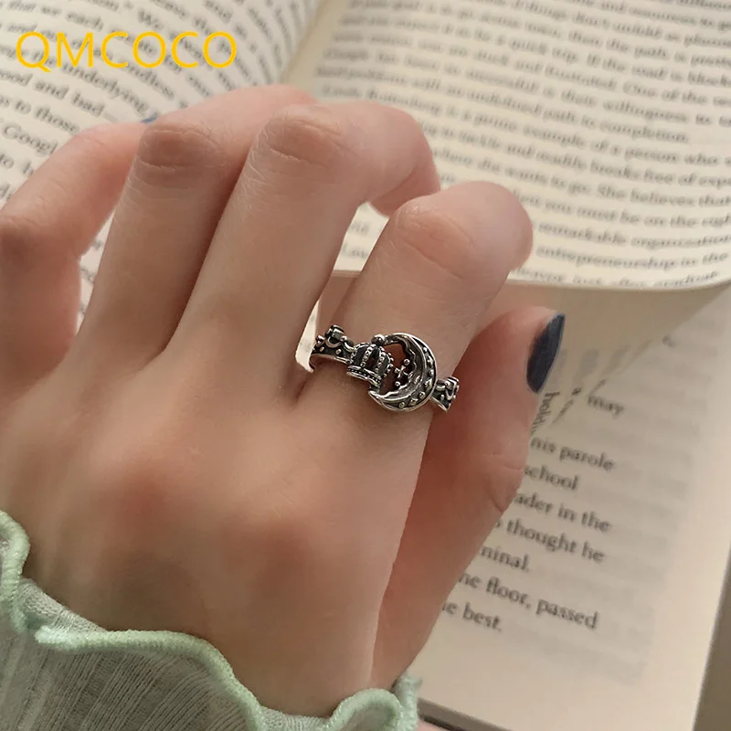 

QMCOCO Silver Color Open Rings For Women Trend Punk Vintage Creative Moon Crown Rings Birthday Party Fine Jewelry Girl Gifts