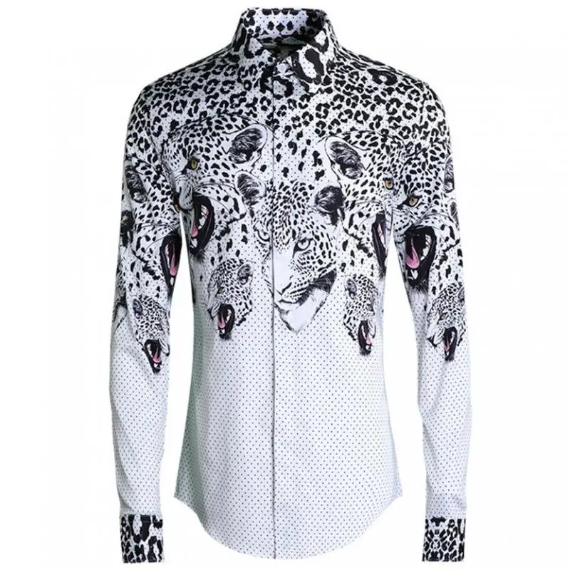 

2020 мужские футболки класса люкс 100% хлопковая рубашка в горошек и с головой леопарда с принтом Мужские рубашки свободного покроя Slim Fit мужски...