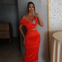 smileven newest crystal short merrmaid evening dress off the shoulder knee length pleats prom dresses dubai party gowns