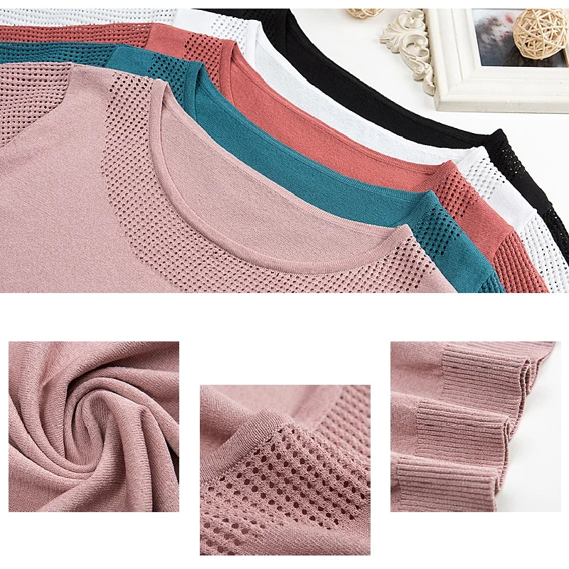 

Lace Short Sleeve Elastic Hollow Out Women Pullover O-Neck 2021 Summer Pink Knitted T-Shirt Feminine Loose Elegant Eyelet Jumper