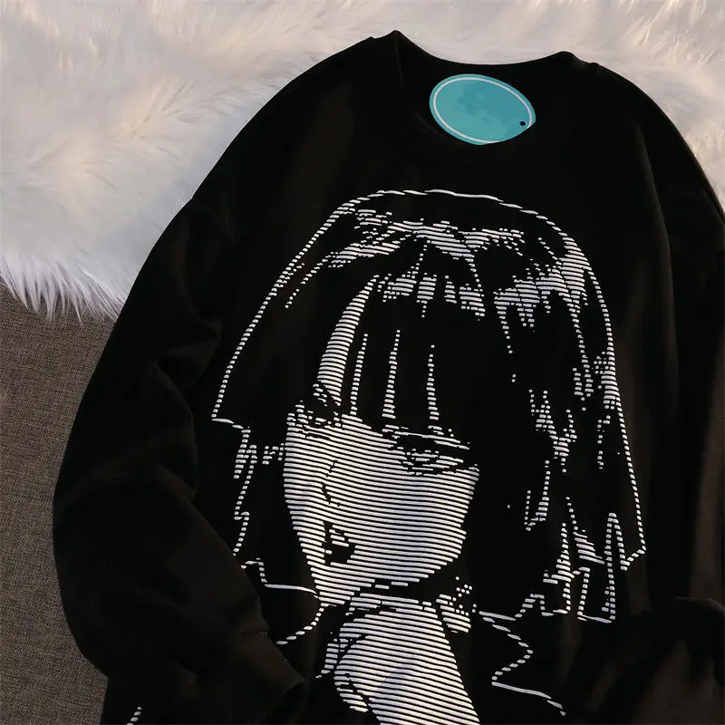 

худи Autumn 2021 new Korean style loose long-sleeved shirt female student niche design comic character Pullovers худи оверсайз