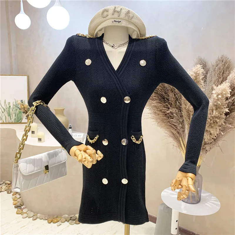 

Женское трикотажное двухбортное платье-свитер, универсальное модное трикотажное платье с длинным рукавом и V-образным вырезом, Осень-зима ...