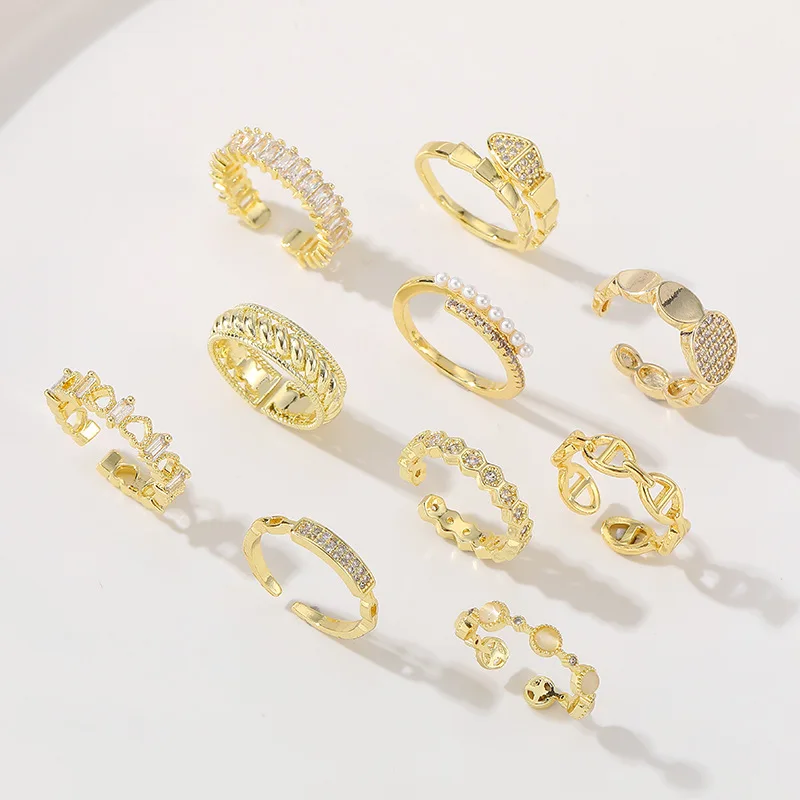 

New Luxury Gold Color Pearl Zircon Rings for Women Simple Design Elegant Hollow Geometric Finger Rings Vintage Sexy Open Jewelry