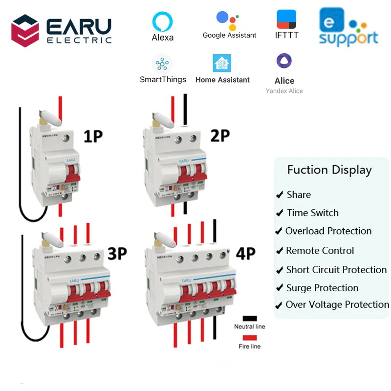 

1P 2P 3P 4P 10A-125A Wireless Smart WIFI Circuit Breaker Timer eWelink APP Vioce Remote Control Switch Amazon Alexa Google Home