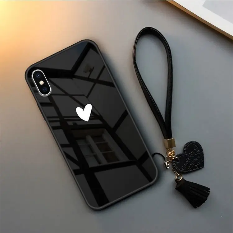 love heart glass phone case for iphone 11 pro 6 6s 7 8 plus x xr xs max simple solid color glass back cover capa with wriststrap free global shipping
