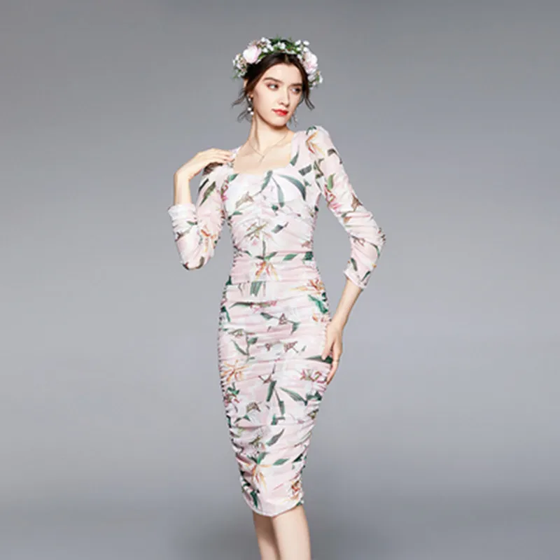 

Women Slim V Neck Party Dress Vintage Floral Print Designer Puff Sleeve Ruched Stretch Sheath Bodycon Summer Dress 2021