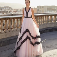 on sale elegant 2021 pink prom party dresses full length sleeveless v neckline lace wedding party gowns back out sweep train