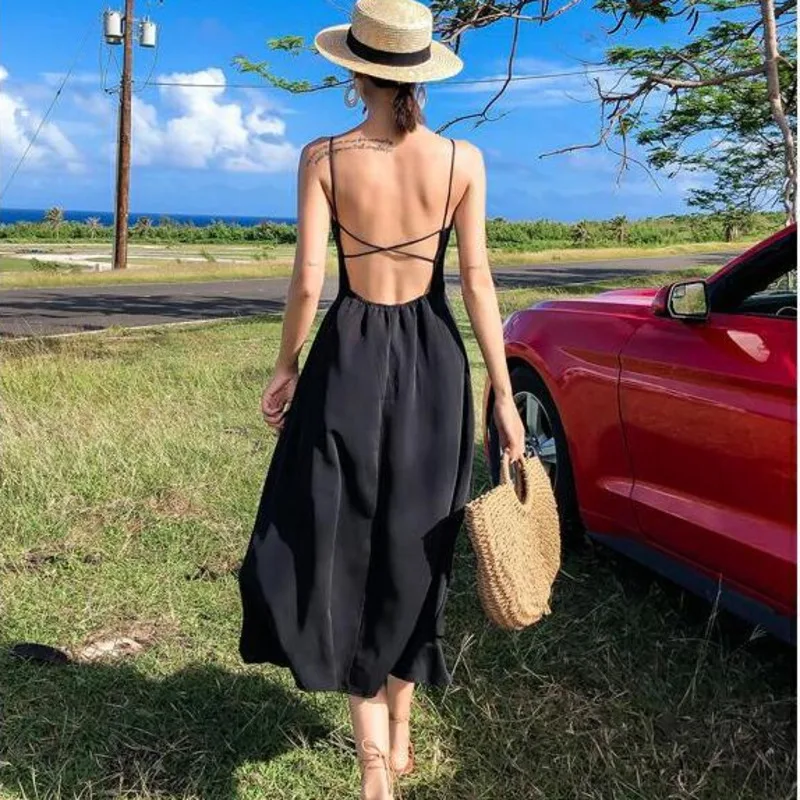 

#4013 Black Red Sapeghetti Strap Bodycon Dress Women Summer Beach Sundresses Chiffon Backless Suspender Dresses Woman Sexy