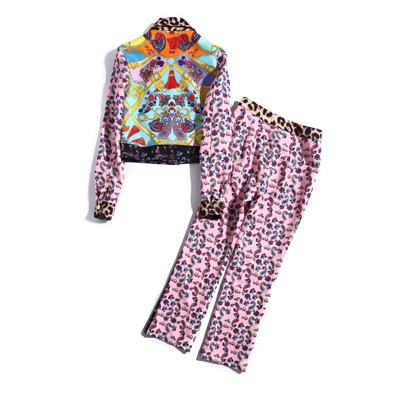 

Designer Women Sets Leopard Print Lapel Printed Patchwork Jacket And Vintage Slim Pants Fashion Autumn New Two Piece Set