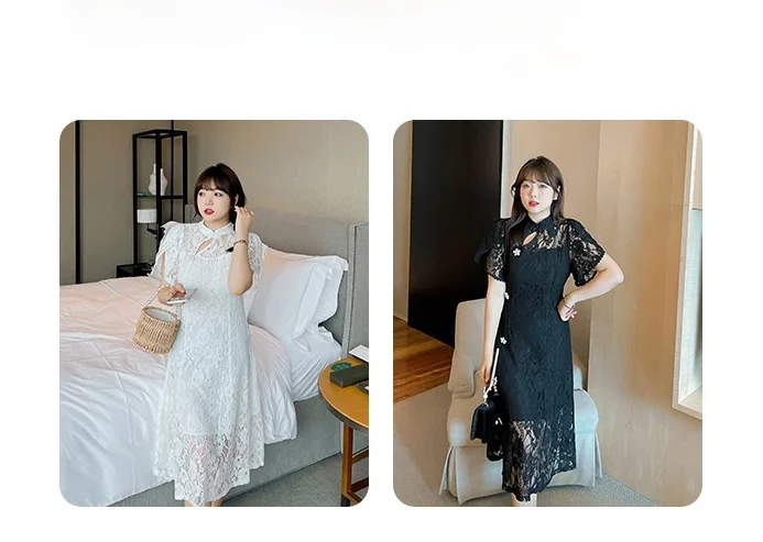 

Plus Size Women's Slim Lace Woven Buckle Fairy Chinese Style Long Skirt Party Dress Black Dress White Dress Xl-5XL Size