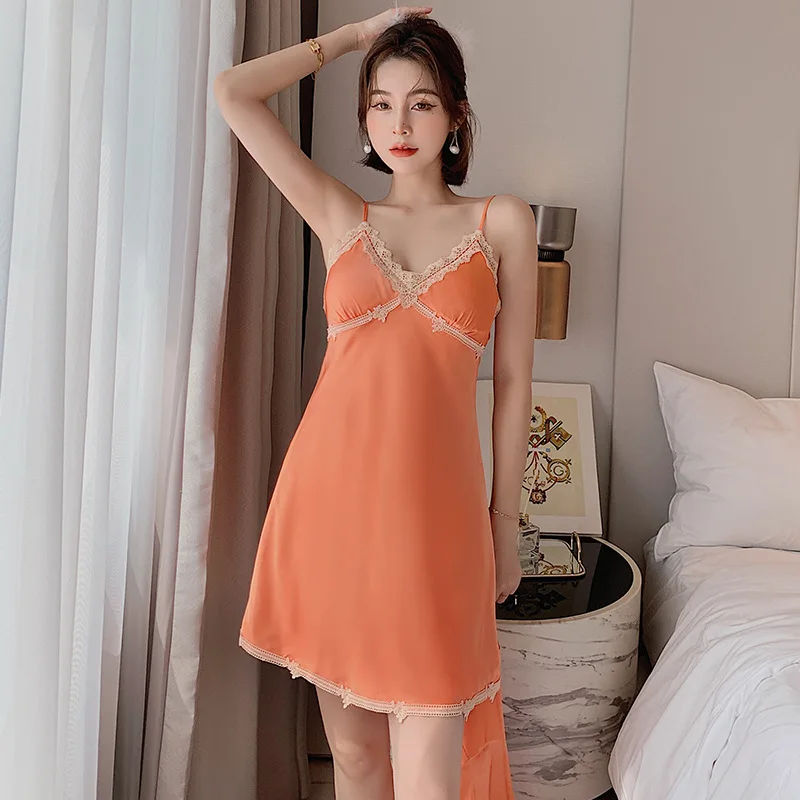 

Women Orange Sleepwear Home Clothes Satin Slips Sexy Nightgown Trim Lace Sexy Nightdress Nighties Nightwear Lingerie Chest Pads
