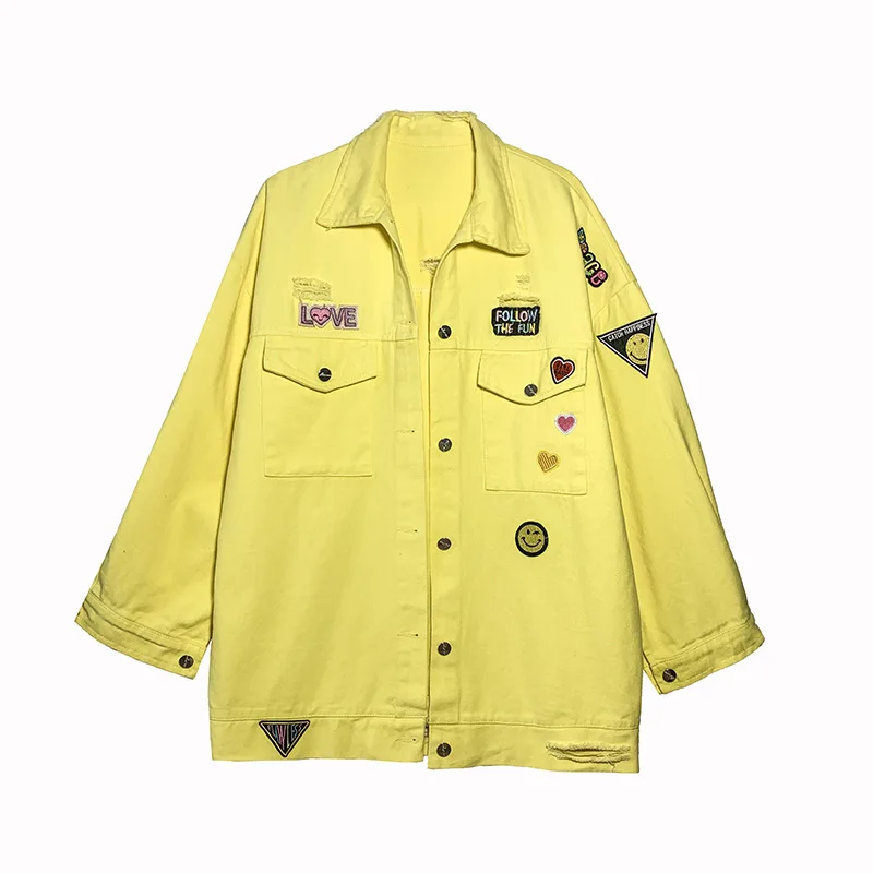 

Yellow/White Letters Embroidery Denim Jacket Women Oversized Korean Fashion Loose Coat 2021 Summer Trend Jeans Casual Clothes