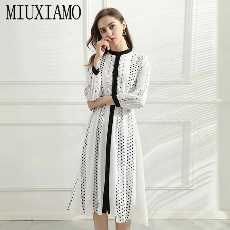 MIUXIMAO 2021 Luxurious Spring Summer Print Flower Full Sleeve O-neck Elegant Casual Long Dress Women Vestidos