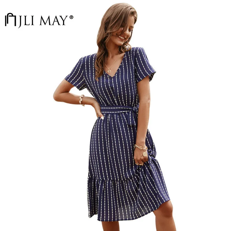 

JLI MAY Women Dress Casual Striped V-Neck Short Sleeve Sashes Empire Patchwork Ruffles A-Line Mid-Calf Summer Dresses