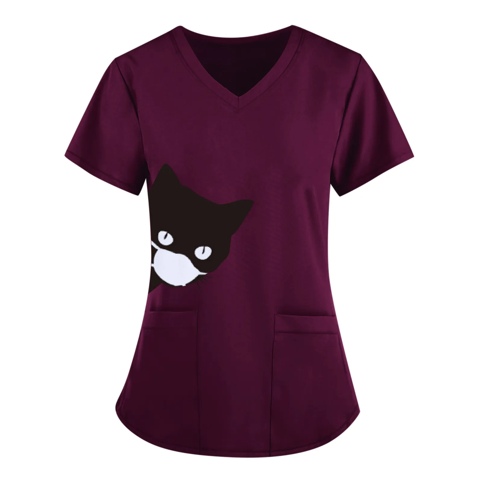 Unisex Working Uniform Black Cat Print Pocket Blouse Nurse Uniform Women Short Sleeve V-neck Scrub Tops Healthcare Carer Tunic