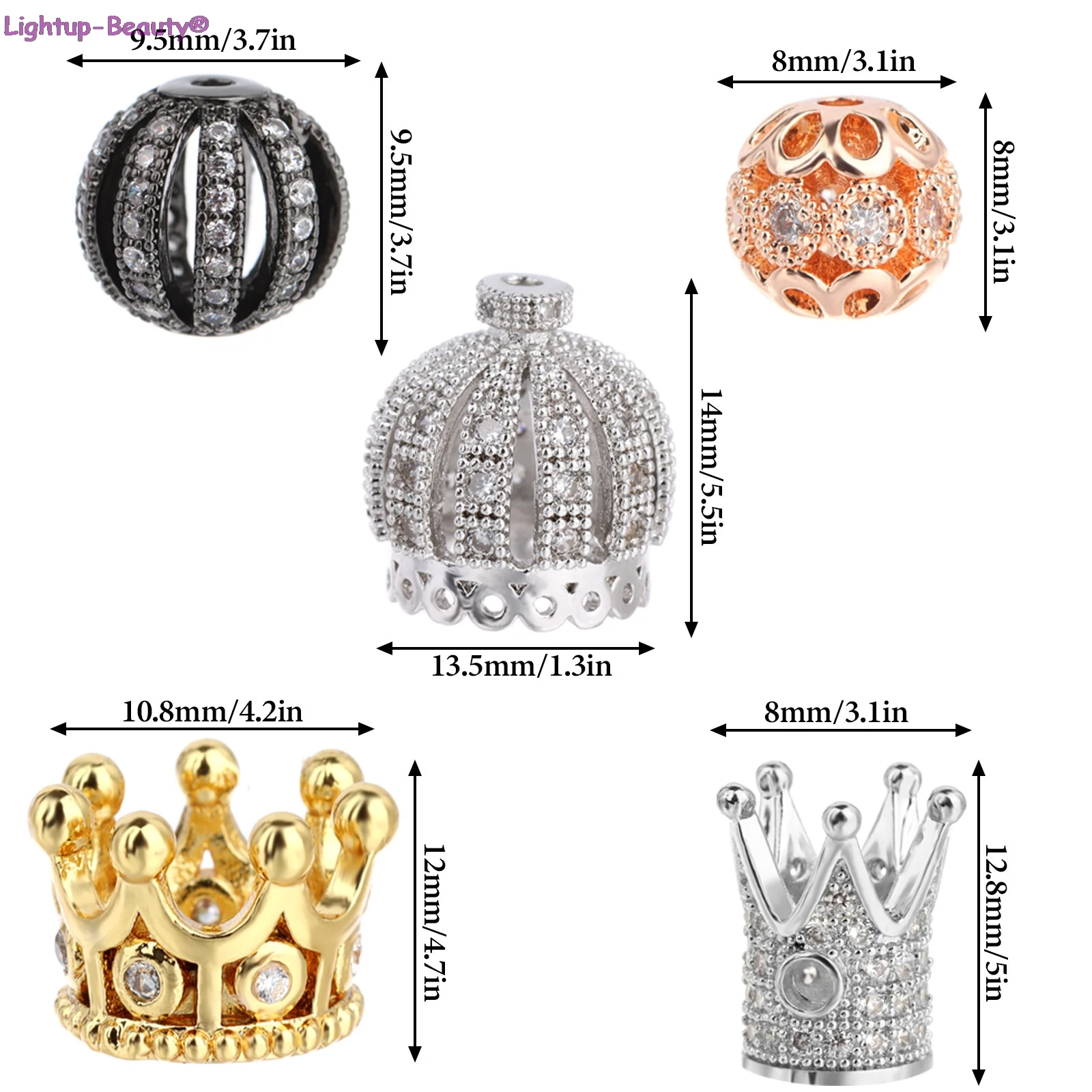 

20Pcs Cubic Zirconia Beads King Crown Beads Alloy Crown Charm Rhinestone Beads