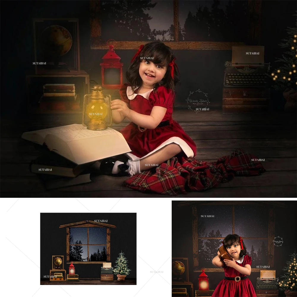 

Christmas Window Backdrop for Photography Retro Book Light Wood Floor Background New Year Child Portrait Photocall Photozone