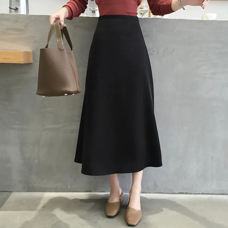 

2021 Summer Elegant Women Skirt Ladies Satin Skirt Plain Shiny Vintage Skirts Solid Office High Waist Fashion Party Skirts chic