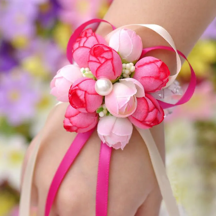 Цветы на запястье шелковая розовая лента Искусственные Свадебные цветы для