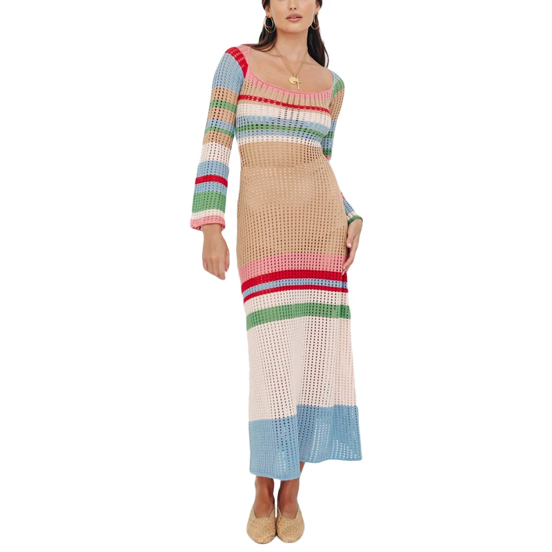 

Women Knitting Dress, Long Sleeve See-Through Mesh Loose Striped Slimming Fall Summer Midi