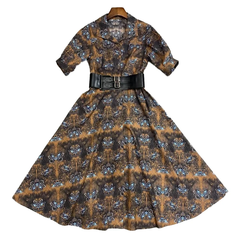 

AELESEEN 100% COTTON Dress Women Vintage Floral Print With Belt Shirt Dress Summer Elegant High Quality Long Dress