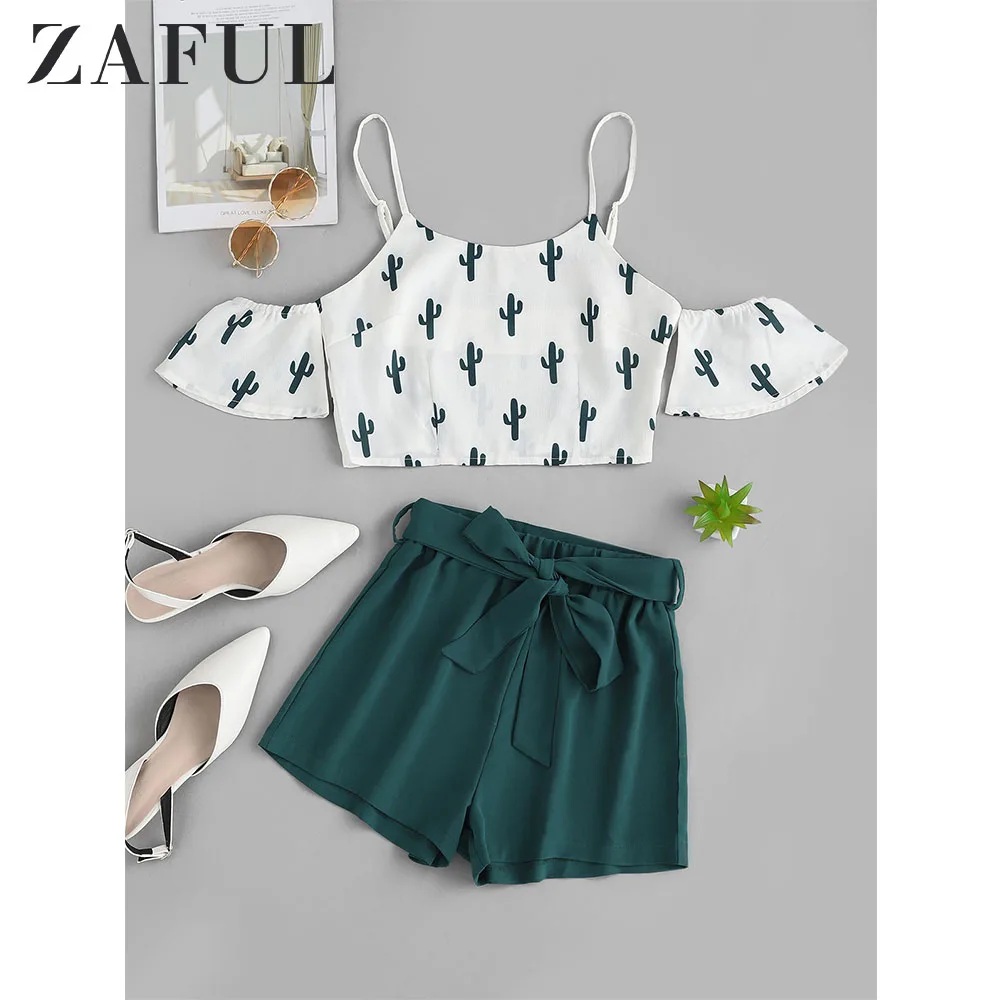 ZAFUL/топ с открытым плечом и шорты с принтом кактуса, комплект с короткими рукавами и высокой талией, Женский повседневный комплект из двух предметов, уличная одежда