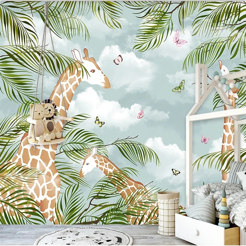 

Custom Any Size Self-Adhesive 3D Cartoon Giraffe With Green Leaves Background Wall Papel De Parede Tapety Infantil Sticker Tapet