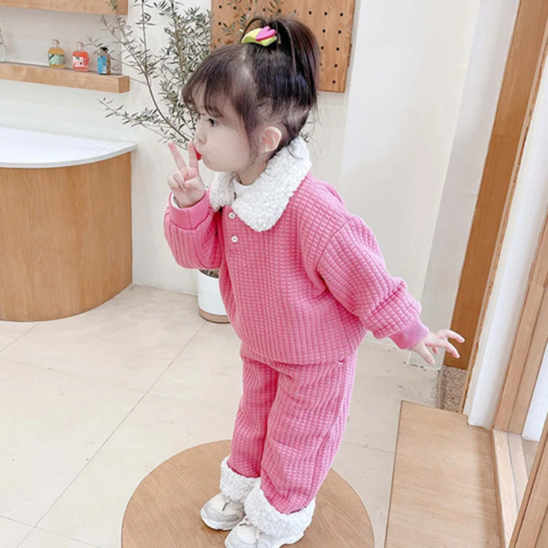 Girls Suit Sweatshirts +Pants Cotton 2Pcs/Sets 2022 Fur Winter Autumn Plus Thicken Warm Sportswear Children Clothing