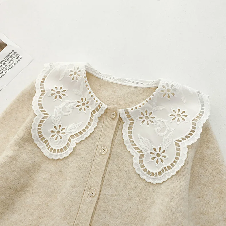 

Women Knit Cardigan Ladies Embroideried Hollow Out Peter Pan Collar Sweet Sweater Female Fashion Single-Breasted Knitwear Tops
