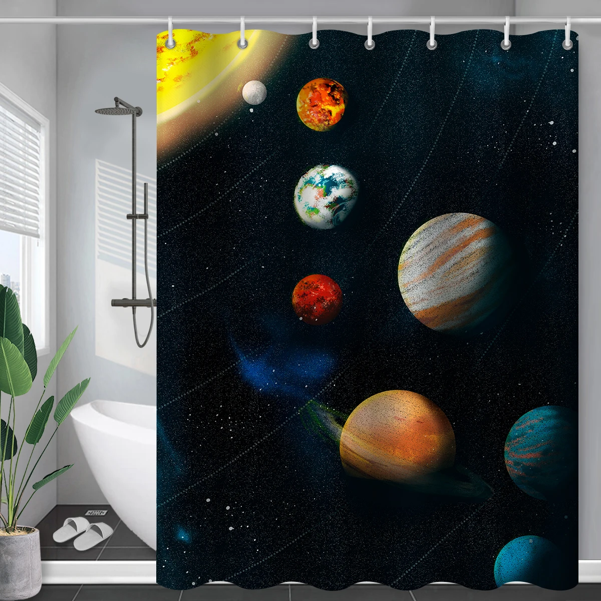 Outerspace Black Shower Curtain Bathroom Waterproof Duschvorhang Earth Rocket Printed Bed Bath and Beyond Curtains With Hooks