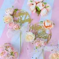 beautiful mesh feather iron garland flower cake topper happy birthday cake decoration girl friend kids favors party supplies