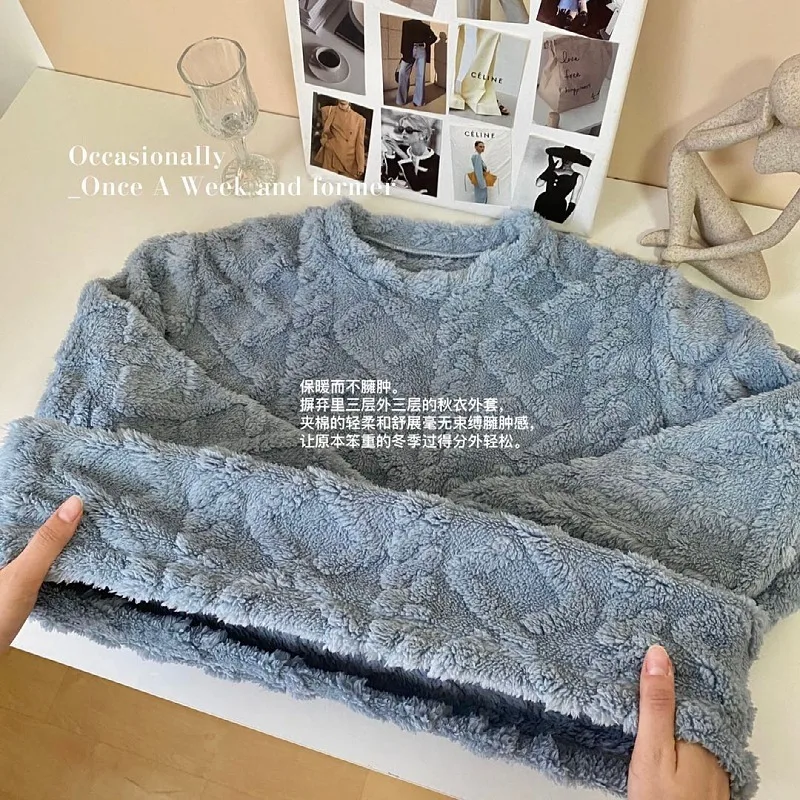 Sweet Pajamas Set Women Sleepwear Couple Pajamas Set Round Neck Solid Color Plush Thick Pajamas Flannel Pants Plus Size Roomwear