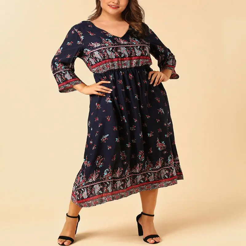 

Summer new style plus size dress 4XL-7XL bust 129CM fashion women's zipper printing V-neck nine-point sleeve retro dress